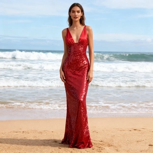 Detailed view of wine red sequins and satin bodice on a deep V-neck mermaid evening gown