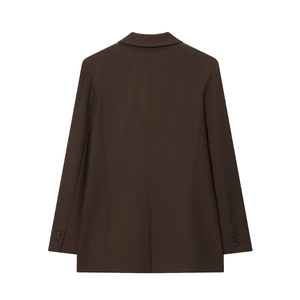 Back view of a professional brown double-breasted blazer for women with smooth finish
