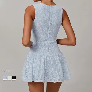 Back view of a sleeveless light blue lace dress with a ruffled hem and invisible zipper