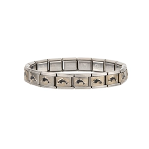 Detail of stainless steel link bracelet featuring black dolphin silhouette patterns