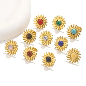 Boucles D'oreilles Tournesol En Acier Inoxydable Avec Incrustation De Pierre Naturelle Style Ethnique Rétro Pour Femmes Hommes