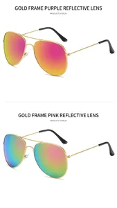 Detail view of gold metal aviator sunglasses with colorful gradient mirror lenses