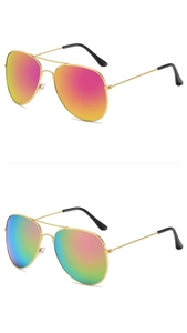 Detail view of gold metal aviator sunglasses with colorful gradient mirror lenses