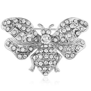 Sparkling silver bee brooch with inlaid rhinestones on a clean white background