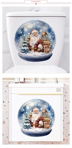 Detailed view of Christmas crystal ball decal with Santa on toilet tank and white surface