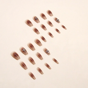 Brown gradient medium coffin press-on nails with silver metallic cross charms