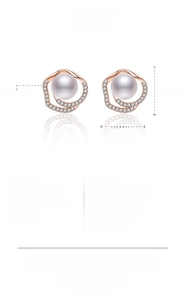 Detailed specs of rose gold spiral earrings with pearls and 52 zircons on a white base