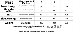 Detailed size guide table with measurements for women hooded jacket with fur collar