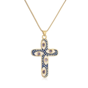 18K gold plated necklace featuring an eye-shaped cross pendant with purple crystals