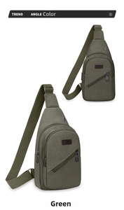 Detail view of military green canvas sling bag featuring sport logo and headphone port