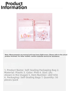 Detailed size chart of pink cartoon self-adhesive bags for cookies and candy packaging