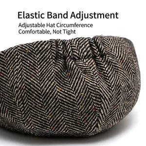 Men's herringbone tweed newsboy cap with adjustable elastic back for custom fit