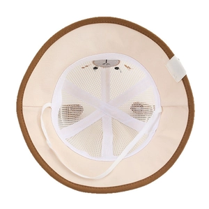Beige baby mesh sun hat with bear design and windproof strap for toddlers aged 1-3 years