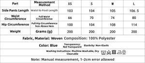 Size chart for women's striped top and trousers set with measurements and care guide