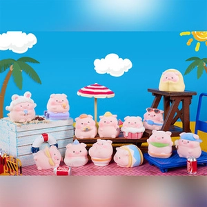 Set of twelve pink resin pig figurines in various summer beach vacation poses