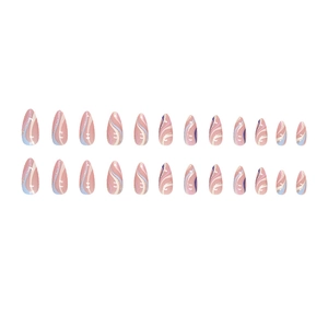 Almond press-on nails with pink base and colorful swirl patterns plus gold glitter