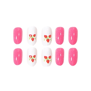 Pink and white press-on nails featuring cute red strawberry patterns and glossy finish