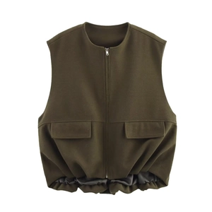 Women's dark olive casual sleeveless vest with front zipper and large flap pockets