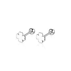 Detailed view of silver four-leaf clover stud earrings with secure screw-back ball closure