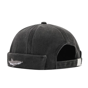 Vintage washed charcoal miki hat with shark embroidery and adjustable back metal buckle