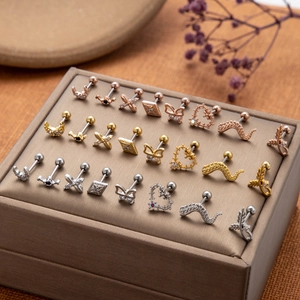Stainless steel stud earring set with moon and heart shapes featuring zircon accents
