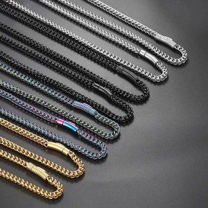 Parallel layout showing stainless steel foxtail chains in silver black gold and rainbow colors