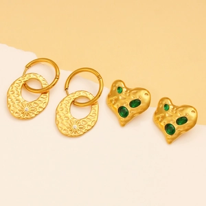 Golden heart studs with green gemstones and celestial star hoop earrings set