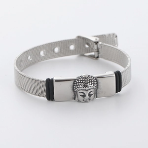 Silver stainless steel mesh bracelet with buddha head charm and black rubber accents