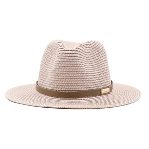 Women's wide brim straw jazz fedora with brown leather band and gold buckle detail