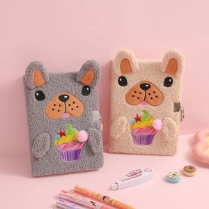 Cute plush dog A5 notebooks in grey and beige with 3D ears and embroidery
