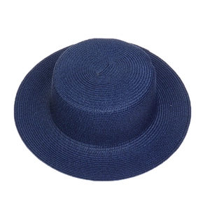 Detailed top view of the navy blue straw hat showing fine woven texture and flat brim
