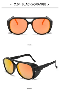 Detail view of industrial style night vision sunglasses with side shields and orange lens