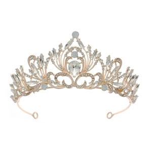 Elegant rose gold Baroque crown with teardrop crystals and white gemstones for brides