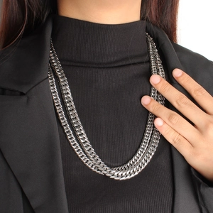 Silver multi-layer Cuban link necklace in a layered style on a male model with blazer