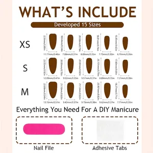 Size guide for brown almond press-on nails with XS, S, M dimensions and accessories kit
