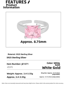 Detailed view of S925 sterling silver ring with 8.75mm pink cubic zirconia stone