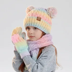 Set de punto de invierno para niños con gorro arcoíris, bufanda y guantes calientes
