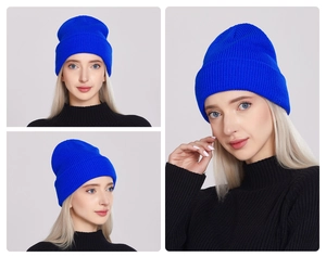 Tre viste di un berretto in maglia a coste blu brillante che mostrano i vari profili