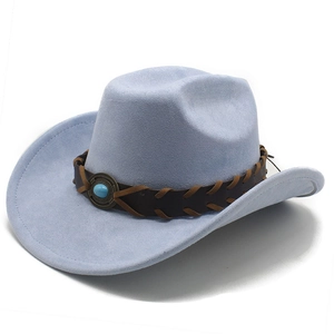 Close-up of sky blue faux suede cowboy hat with turquoise gemstone and woven leather band