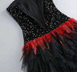 Detailed view of luxury black sequins and vibrant red feather trim on a tulle evening gown