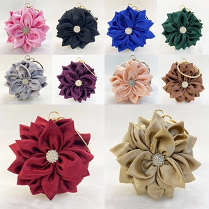 Elegant 3D Flower Evening Bag Round Satin Clutch With Rhinestone Metal Ring Handle For Women Wedding Banquet Party