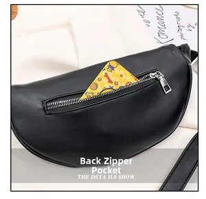 Detail view of the black leather waist bag showing its functional back zipper pocket
