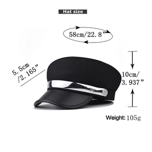Detailed dimensions of black newsboy hat with silver chain and M button decoration