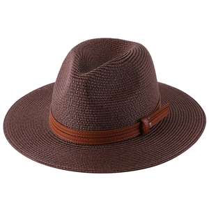 Foldable dark brown Panama straw sun hat with leather band and metal buckle for women