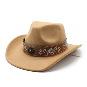 Classic beige felt cowboy hat for men and women featuring blue floral embroidery band