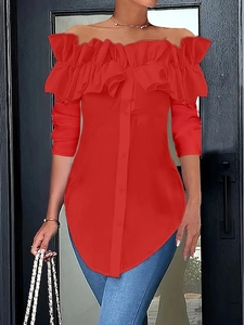 Detail of red off-shoulder blouse featuring ruffled layers and button-down front design