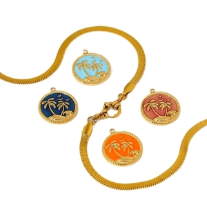 Gold-plated palm tree pendants on snake chains in four vibrant enamel colors