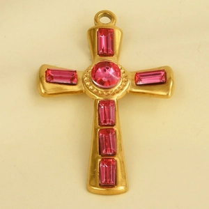 Detail of 304 stainless steel gold cross pendant with pink crystal glass stones