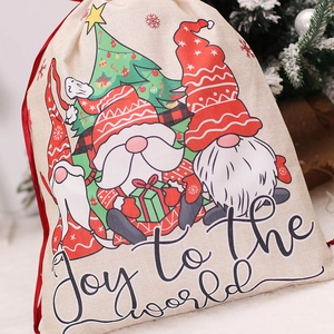 Linen Christmas gift bag with forest gnomes and red ribbon drawstring closure
