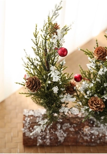 Close-up of mini Christmas tree with pine cones, red berries and wood base